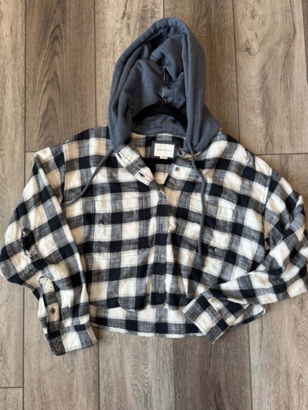 American Eagle Navy & Cream Plaid Hooded Grunge 90s Cropped Shacket